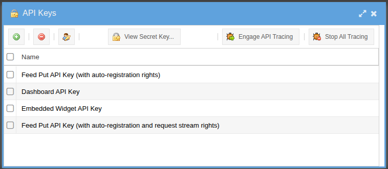 API key management panel listing the org's keys with scope summaries