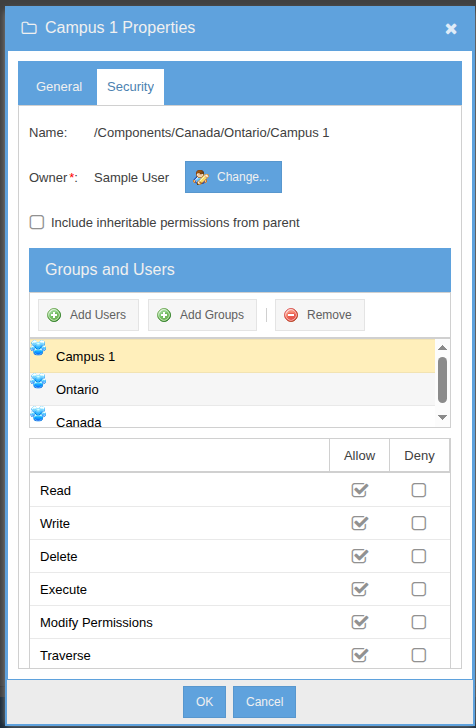 Properties dialog showing the Security tab for a folder or object, with user and group permission entries