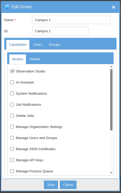 Groups editor managing the list of user groups in the organization