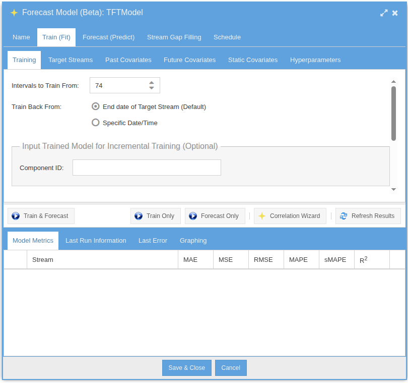 Forecast Model training tab &mdash; what to train from, optional pre-trained model component, and additional tabs for target streams, past covariates, future covariates, static covariates, and hyperparameters
