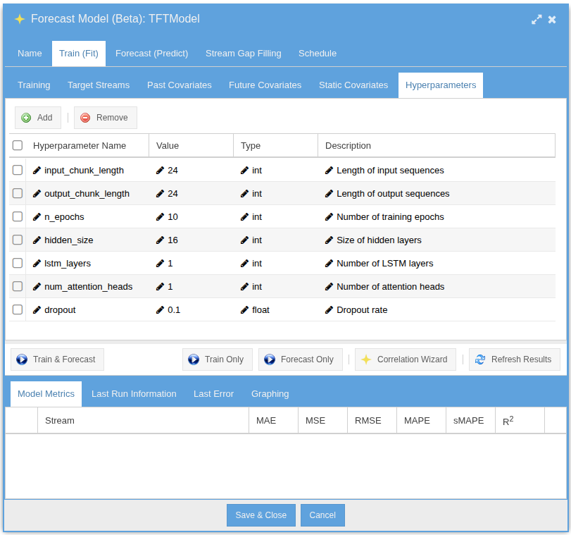 Forecast Model train (fit) tab and Hyperparameters list