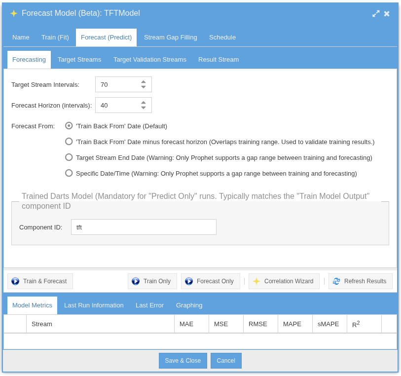 Forecast (predict) tab with prediction-time settings
