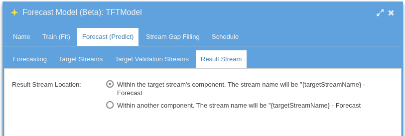 Forecast Result Stream tab showing where to write predictions back &mdash; component stream IDs that receive the forecast output