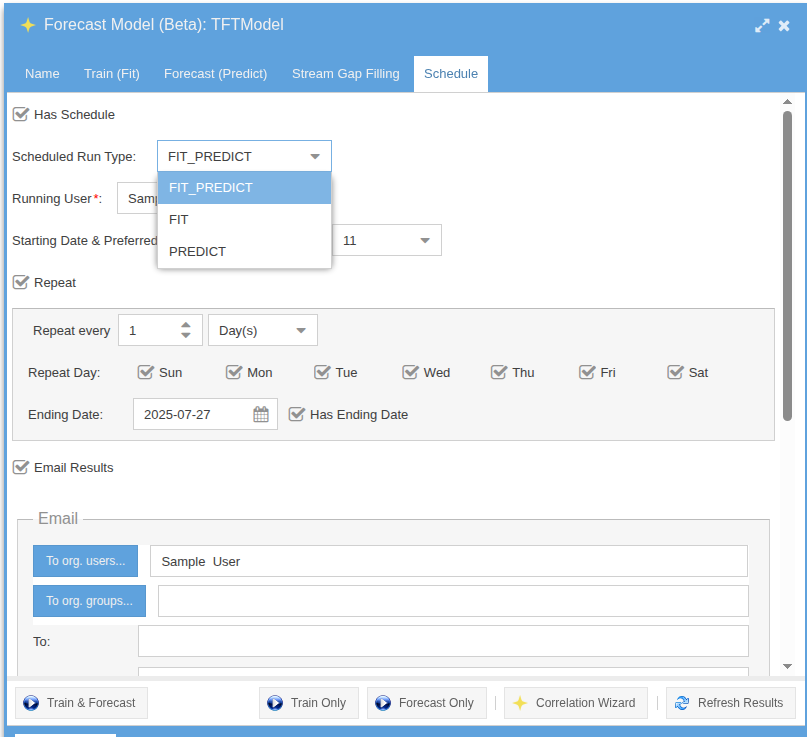 Forecast Schedule tab with cadence and optional Email Results option