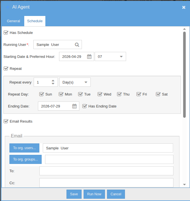 Schedulable AI agent schedule and delivery configuration &mdash; cadence, recipients, and result handling
