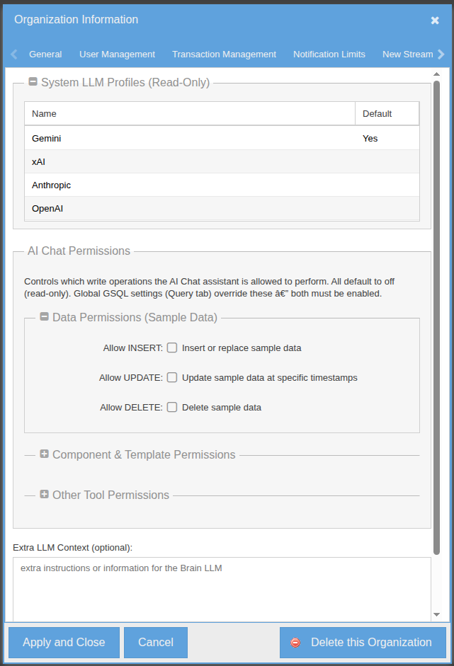Org-level LLM configuration showing the four available providers (OpenAI, Anthropic, Gemini, xAI) listed read-only, the assistant's GS SQL data-access rights, and an org-specific context extension field