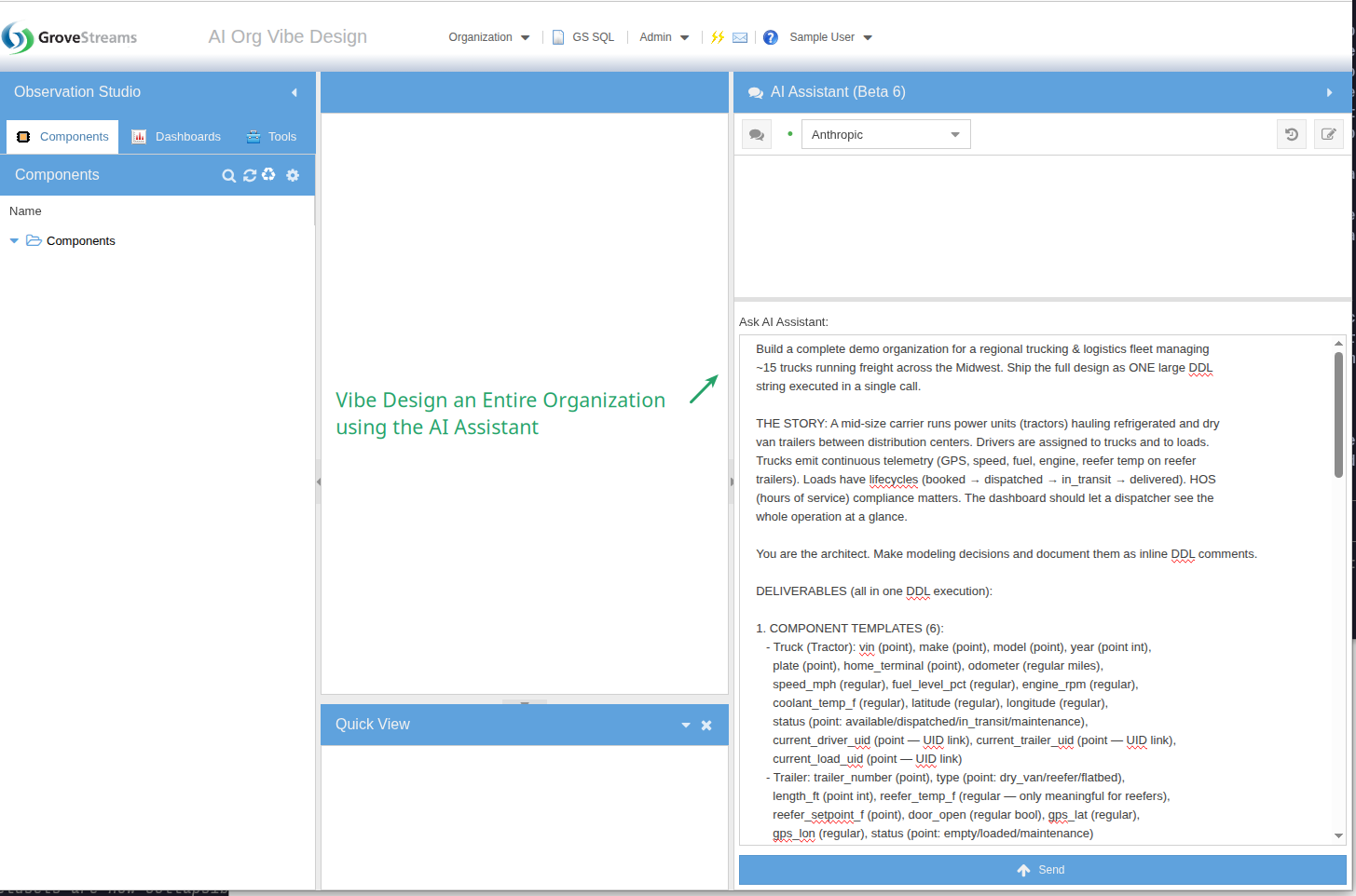 Agentic chat panel showing the user's natural-language prompt to design a full trucking and logistics demo organization