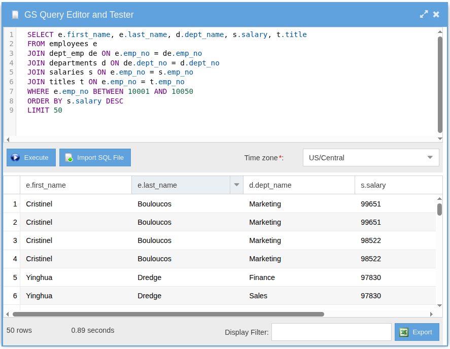 GS SQL editor running a five-table JOIN against the original schema