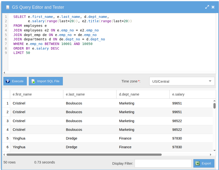 GS SQL editor against the collapsed schema, accessing salary and title as temporal streams via range(last=20)