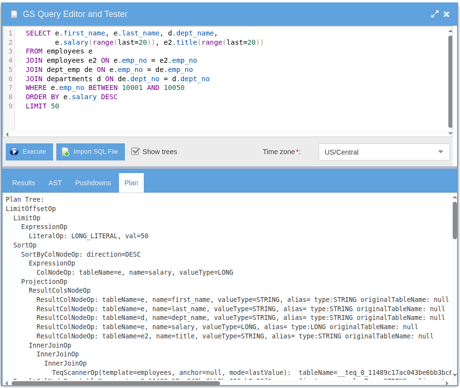 Show-trees output showing the AST, Pushdown, and Physical Plan trees for the collapsed-schema employees query