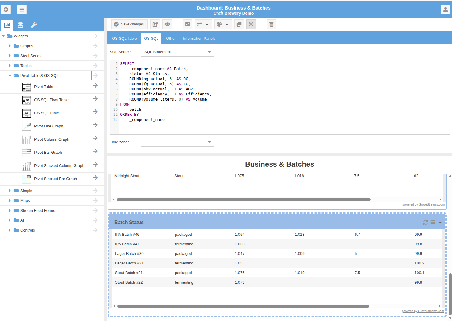 Brewery dashboard with GS SQL query widgets &mdash; auto-refreshing tables and charts driven by scheduled queries