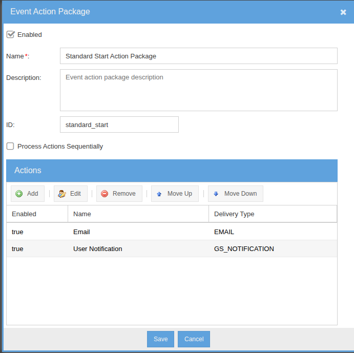 Action package editor showing the configured list of actions that fire when an event triggers
