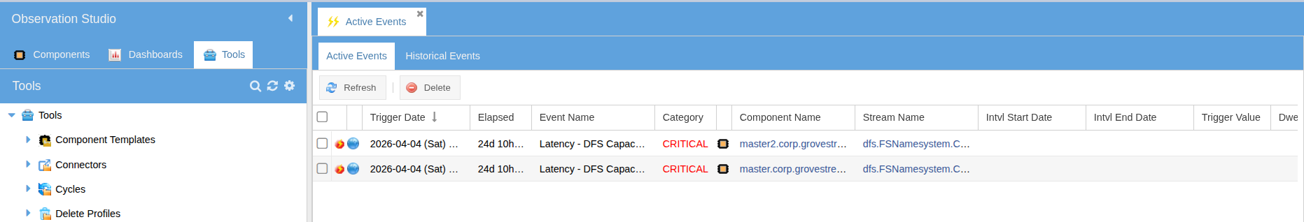 Active Events viewer showing currently-triggered events awaiting resolution