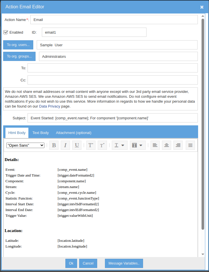 HTML email template editor showing subject, body with variable placeholders, and recipient configuration