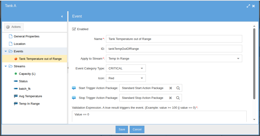 Event configuration dialog for 'Tank Temperature out of Range' &mdash; applied to the tank's Temp In Range derived stream, with validation expression, category type, icon, and start/stop action packages