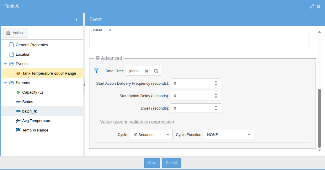 Advanced event configuration showing dwell times, evaluation cycle, and additional trigger options