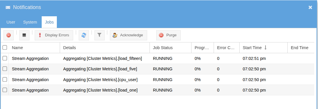 Job notifications panel listing scheduled imports, roll-up runs, and derivation rebuilds