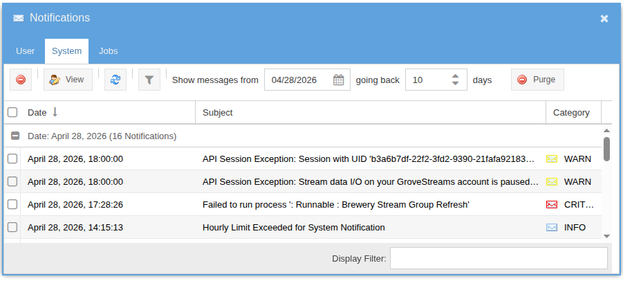 System notifications panel listing user-facing alerts from event triggers