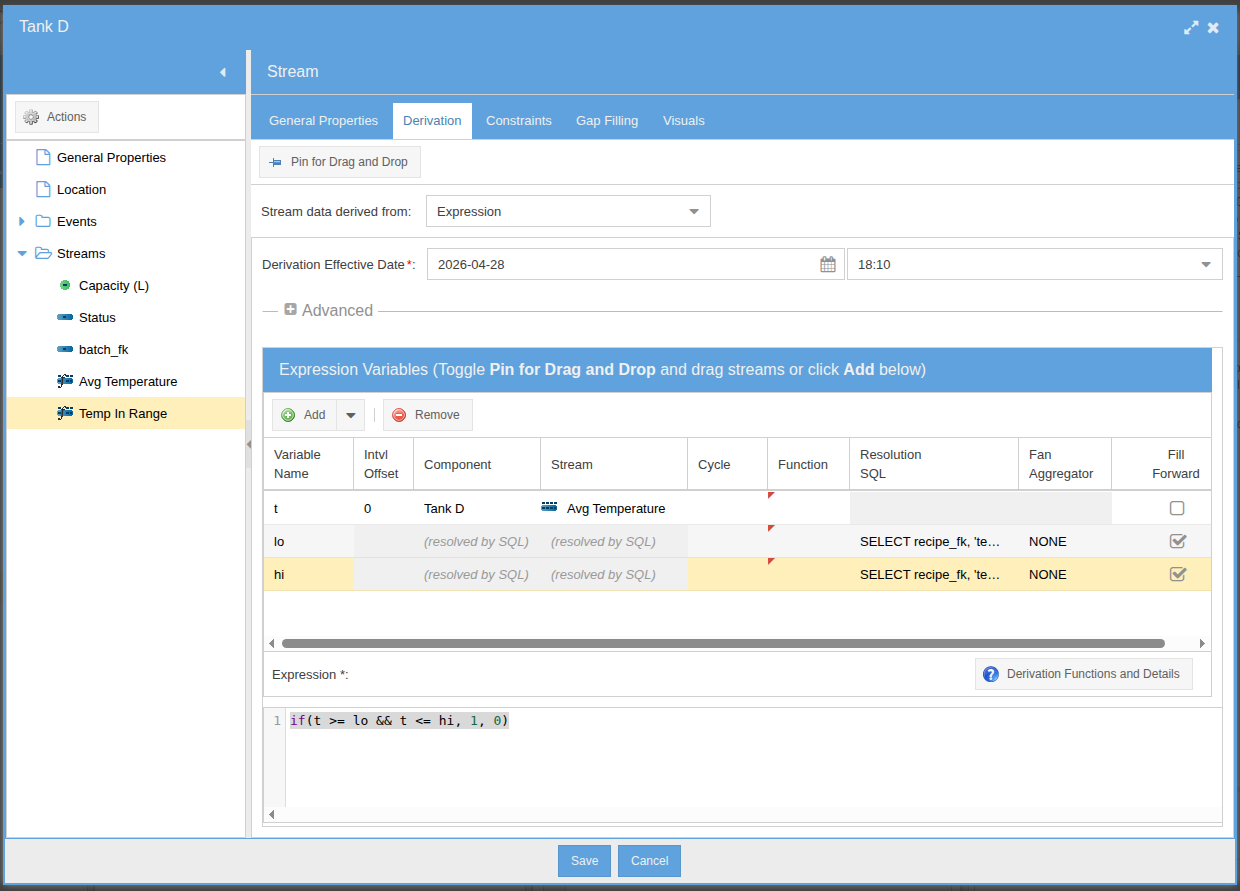 Derivation editor for a brewery Tank temp_in_range stream &mdash; hi and lo input variables are GS SQL queries that traverse from tank through batch_fk to batch and then through recipe_fk to read temp_max and temp_min from the recipe