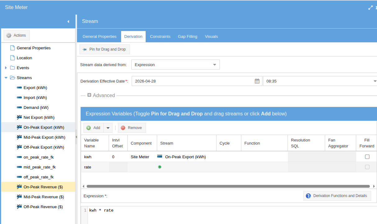 Derivation editor for a Site Meter revenue stream &mdash; formula references the on-peak rate via the rate_fk link stream and the meter's export, recomputing as either source changes
