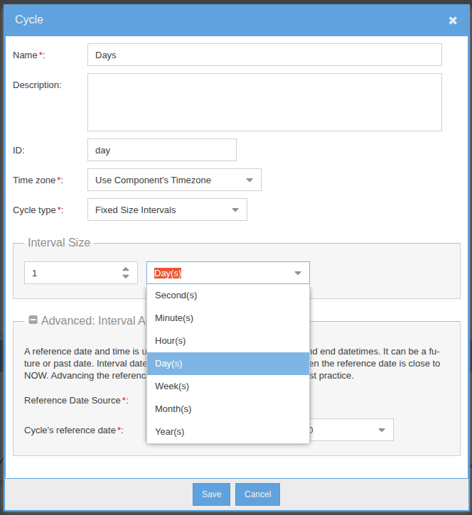 Cycle definition editor showing fixed-size-interval configuration for the 'Days' cycle &mdash; interval size, unit dropdown, time zone, reference date