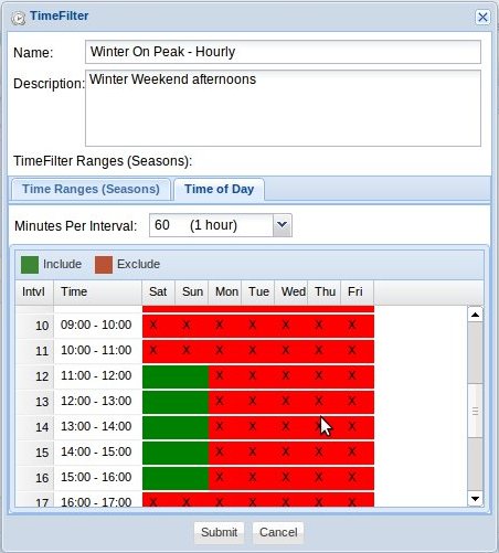 Time filter editor showing time-of-day, day-of-week, and seasonal filters &mdash; including a 'Winter On-Peak' filter for utility rate periods