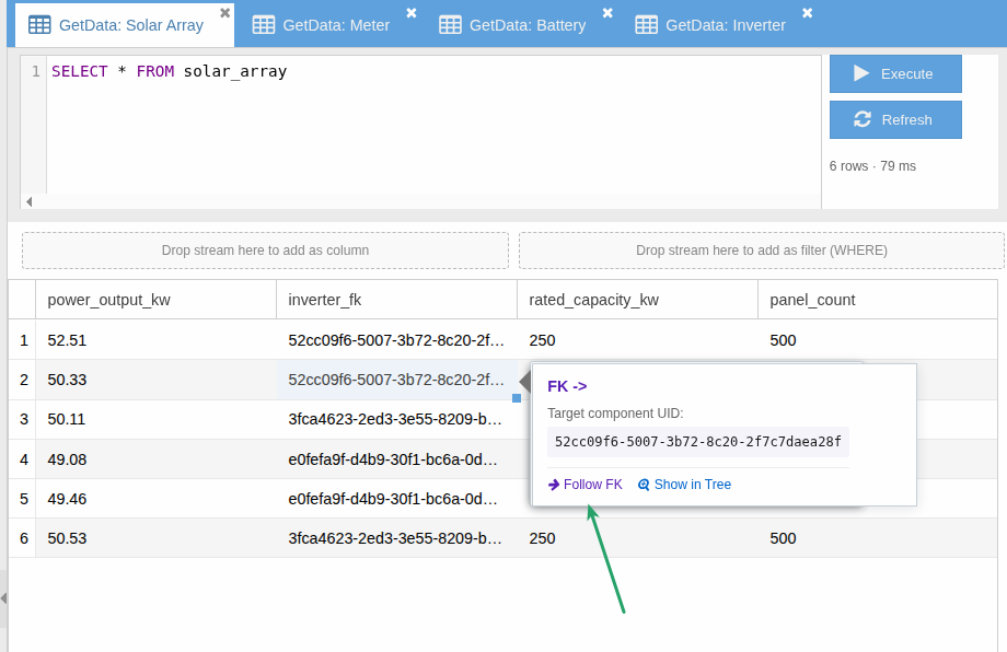 GetData result on a Solar Array template &mdash; hover on an inverter_fk cell shows the target component UID and a Follow FK action chip