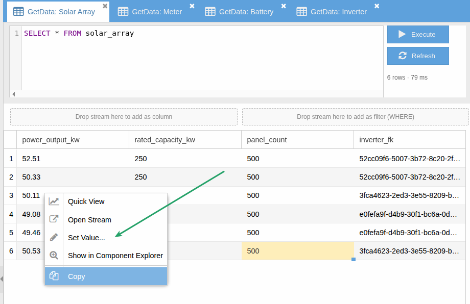 GetData result with the right-click action menu open on a cell &mdash; Quick View, Open Stream, Set Value, Show in Component Explorer, Copy