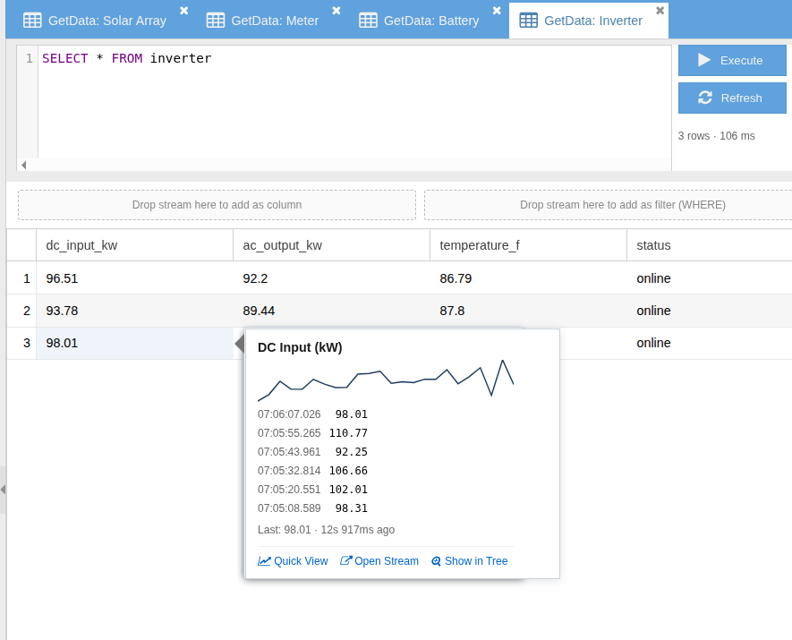 GetData result with a hover popover showing 'DC Input (kW)' &mdash; sparkline, six recent timestamped samples, last value with age, and Quick View / Open Stream / Show in Tree action chips