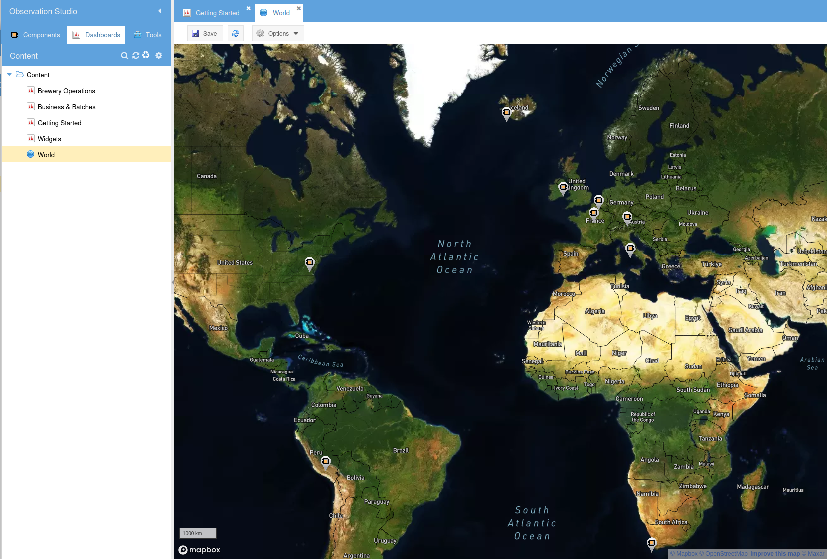 World map view from the Content repository &mdash; component and event locations marked across continents, with the Content tree on the left listing dashboards and the world map alongside them